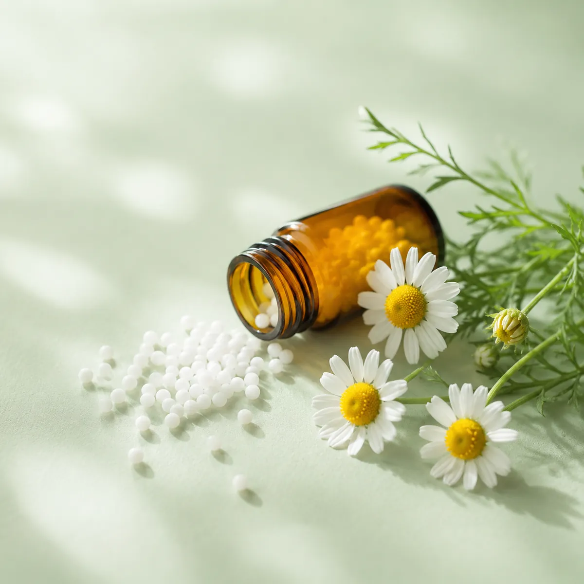 Homöopathische Globuli aus einem Braunglasfläschchen neben Kamillenblüten